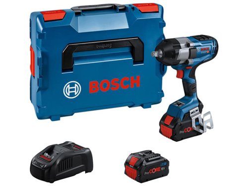 Bosch GDS 18V-1000 C Professional Impact Wrench with BITURBO brushless technology and adjustable modes for full power on tough jobs. Two default modes on the user interface, metal mode (A) and wood mode (B), to avoid broken screwheads and the loss of metal bolts or nuts, by slowing down or shutting off the impact wrench. Each mode is customisable via the Bosch Toolbox App. For added flexibility and control, this cordless impact wrench is equipped with three different speed/torque settings.Electronic Motor Protection prevents overload and ensures a longer tool lifetime. Overload, overheating, and deep discharge are prevented by the drill driver's Electronic Cell Protection. Ideal for tightening and removing metal bolts and nuts up to M24 in different working areas, from structural steel construction to pipe fitting, vehicle maintenance, or when using screws/lag bolts in wood construction.Compatible with all Bosch Professional 18V batteries, including ProCORE18V batteries and chargers (Professional 18V System). For maximum power use ProCORE18V â‰¥ 5.5 Ah. Also compatible with AMPShare, the multi-brand battery alliance.Specifications:Tool Holder: 1/2in square with friction ring.No Load Speed: 0-800/0-1,300/0-1,750/min.Impact Rate: 0-1,600/0-2,300/0-2,600/bpm.Max. Torque: 350/650/1,000Nm.Max. Breakaway Torque: 1,600Nm.Bolt Size: M14 - M24.Weight: 2.9kg excl. battery.This Bosch GDS 18V-1000 Professional BITURBO Impact Wrench is supplied with:2 x 18V 5.5Ah ProCORE18V Li-ion Batteries*.1 x Quick Charger GAL 1880 CV.1 x 1/1 L-BOXX inlay for tool and charger.1 x L-BOXX136.*ProCORE18V Li-ion Batteries deliver the same performance as standard batteries with an optimised size and weight.