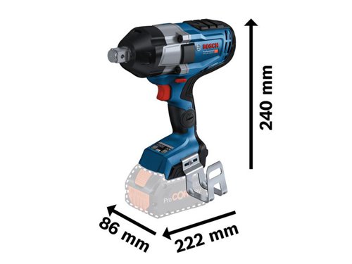 Bosch GDS 18V-1050 HC Pro Impact Wrench with BITURBO brushless technology, exploits the full potential of the ProCORE18V batteries. So you can conquer even the most challenging tasks. The perfect choice for enormously fast work progress. Two default modes on the user interface, metal mode (A) and wood mode (B), to avoid broken screwheads and the loss of metal bolts or nuts, by slowing down or shutting off the impact wrench. Each mode is customisable via the Bosch Toolbox App. For added flexibility and control, this cordless impact wrench is equipped with three different speed/torque settings.Electronic Motor Protection prevents overload and ensures a longer tool lifetime. Overload, overheating, and deep discharge are prevented by the drill drivers Electronic Cell Protection. Ideal for tightening and removing metal bolts and nuts up to M24 on a variety of jobs like structural steel construction, pipe fitting, vehicle maintenance, or when using screws/lag bolts in wood construction.Comes as a Bare Unit, NO battery or charger in a cardboard box.Compatible with all Bosch Professional 18V batteries, including ProCORE18V batteries and chargers (Professional 18V System). For maximum power use ProCORE18V â‰¥ 5.5 Ah (NOT SUPPLIED). Also compatible with AMPShare, the multi-brand battery alliance.Specifications:Tool Holder: 3/4in square.No Load Speed: 0-800/0-1,300/0-1,700/min.Impact Rate: 0-1,600/0-2,300/0-2,600/bpm.Max. Torque: 350/650/1,050Nm.Max. Breakaway Torque: 1,700Nm.Bolt Size: M14 - M24.Weight: 2.9kg excl. battery.