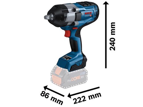 Bosch GDS 18V-1000 Professional Impact Wrench with BITURBO brushless technology, exploits the full potential of the ProCORE18V batteries. So you can conquer even the most challenging tasks. The perfect choice for enormously fast work progress. Electronic Motor Protection prevents overload and ensures a longer tool lifetime. Overload, overheating, and deep discharge are prevented by the drill driver's Electronic Cell Protection.This impact wrench is ideally suited to metal applications with machine screws from M10 to M24 like structural steel construction, metal assembly, pipe fitting, and for truck maintenance as well as for wood constructionCompatible with all Bosch Professional 18V batteries, including ProCORE18V batteries and chargers (Professional 18V System). Also compatible with AMPShare, the multi-brand battery alliance.Specifications:Tool Holder: 1/2in square.No Load Speed: 0-800/0-1,000/0-1,750/min.Impact Rate: 0-1,600/0-2,400/0-2,600/bpm.Max. Torque: 350/700/1,000Nm.Max. Breakaway Torque: 1,600Nm.Bolt Size: M14 - M24.Weight: 2.9kg excl. battery.This Bosch GDS 18V-1000 Professional BITURBO 1/2in Impact Wrench is supplied with:2 x 18V 5.5Ah ProCORE18V Li-ion Batteries*.1 x Quick Charger GAL 1880 CV.1 x 1/1 L-BOXX inlay for tool and charger.1 x L-BOXX136N.*ProCORE18V Li-ion Batteries deliver the same performance as standard batteries with an optimised size and weight.