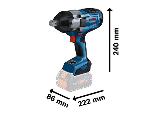 Bosch GDS 18V-1050 H Pro Impact Wrench with BITURBO brushless technology, exploits the full potential of the ProCORE18V batteries. So you can conquer even the most challenging tasks. Whenever heavy-duty performance is needed, the new impact mechanism provides a tightening Torque of 1,050Nm and breakaway torque of 1,700Nm for particularly challenging working environments. For added flexibility and control, this cordless impact wrench is equipped with three different speed/torque settings.Electronic Motor Protection prevents overload and ensures a longer tool lifetime. Overload, overheating, and deep discharge are prevented by the drill drivers Electronic Cell Protection. Ideal for metal applications (M10-M24) like structural steel construction, metal assembly, pipe fitting, truck maintenance, and wood construction.Comes as a Bare Unit, NO battery or charger in a cardboard box.Compatible with all Bosch Professional 18V batteries, including ProCORE18V batteries and chargers (Professional 18V System). For maximum power use ProCORE18V â‰¥ 5.5 Ah (NOT SUPPLIED). Also compatible with AMPShare, the multi-brand battery alliance.Specifications:Tool Holder: 3/4in square.No Load Speed: 0-800/0-1,200/0-1,750/min.Impact Rate: 0-1,600/0-2,400/0-2,600/bpm.Max. Torque: 350/750/1,050Nm.Max. Breakaway Torque: 1,700Nm.Bolt Size: M14 - M24.Weight: 2.9kg excl. battery.