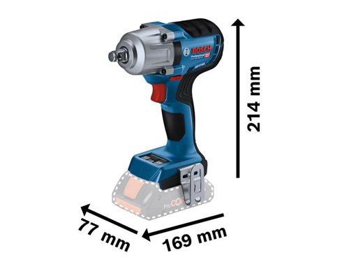 Bosch GDS 18V-450 HC Professional Impact Wrench with a 1/2in square bit holder. Delivers powerful performance whilst preventing damage to materials. Two default modes on the user interface, selftapping screw (A) and wood screw (B), mean more control and less broken or stripped off screwheads, worn-out threads, and damaged workpieces by slowing down or shutting off the impact driver. Each mode is customisable via the Bosch Toolbox App.Three speed/torque settings ensure impressive control and greater flexibility on the job. Comes with a status indicator, LED light, and belt clip for greater convenience. Ideal for metal workshops/locksmiths, industrial assembly, framing and vehicle maintenance using metal bolts/nuts from M10-M20. Comes as a Bare Unit, NO battery or charger in a cardboard box.Compatible with all Bosch Professional 18V batteries, including ProCORE18V batteries and chargers (Professional 18V System). Also compatible with AMPShare, the multi-brand battery alliance.Specifications:Tool Holder: 1/2in square.No Load Speed: 0-1,000/0-1,500/0-2,300/min.Impact Rate: 0-1,900/0-2,500/0-3,300/bpm.Max. Torque: 250/330/450Nm.Max. Breakaway Torque: 800Nm.Bolt Size: M10 - M20.Weight: 1.6kg excl. battery.