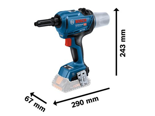 The Bosch GRG 18V-16C Professional Rivet Gun built for connecting pre-drilled metal workpieces in HVAC and electrical installations, metal construction, roofing and facade installations, and auto service repair, among others. It has a brushless motor and tool status indicator on the HMI display.This rivet gun has two modes: AUTO for automatic running of the riveting operation and MANUAL for individual control of the working operation. Built-in Bluetooth connectivity allows users to customise and track their tool maintenance schedule via the Bosch Toolbox App.It comes with 4 nose pieces (3.0/3.2 mm, 4.0 mm, 4.8/5.0 mm, 6.4 mm), a wrench to easily change the nose pieces, a hanging ring, mandrel container, and a belt clip. Comes as a Bare Unit, NO battery or charger in a cardboard box.Compatible with all Bosch Professional 18V batteries. Also compatible with AMPShare, the multi-brand battery alliance.Specifications:Rivet Diameter: 3-6.4mm.Stroke Length: 0-25mm.Max. Pull Force: 16,000N.Weight: 1.6kg excl. battery.