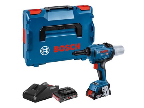 The Bosch GRG 18V-16 C Rivet Gun has two settings; a manual one for when you want to take personal control, and an automatic mode to run the rivet operation for you. Built-in bluetooth connectivity allows for easy customisation, and tracking of maintenance schedule via the Bosch Toolbox App. The rivet gun is ideal for tradespeople engaged in metal working, plumbing or working on heating technology.Supplied with: 4 x Nose Pieces: 3.0/3.2, 4.0, 4.8/5.0, 6.4mm, 1 x Wrench, 1 x Hanging Ring, 1 x Mandrel Container, 1 x Belt Clip, 2 x 18V 2.0Ah Li-ion Batteries, 1 x GAL 18V-40 Quick Charger and 1 x L-BOXX.Specifications: Max. Pull Force: 16kN.Stroke Length: 0-25mm.Rivet Diameter: 3-6.4mm.Weight: 1.6kg excl. battery.