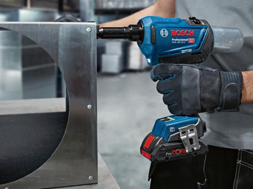 The Bosch GRG 18V-16 C Rivet Gun has two settings; a manual one for when you want to take personal control, and an automatic mode to run the rivet operation for you. Built-in bluetooth connectivity allows for easy customisation, and tracking of maintenance schedule via the Bosch Toolbox App. The rivet gun is ideal for tradespeople engaged in metal working, plumbing or working on heating technology.Supplied with: 4 x Nose Pieces: 3.0/3.2, 4.0, 4.8/5.0, 6.4mm, 1 x Wrench, 1 x Hanging Ring, 1 x Mandrel Container, 1 x Belt Clip, 2 x 18V 2.0Ah Li-ion Batteries, 1 x GAL 18V-40 Quick Charger and 1 x L-BOXX.Specifications: Max. Pull Force: 16kN.Stroke Length: 0-25mm.Rivet Diameter: 3-6.4mm.Weight: 1.6kg excl. battery.