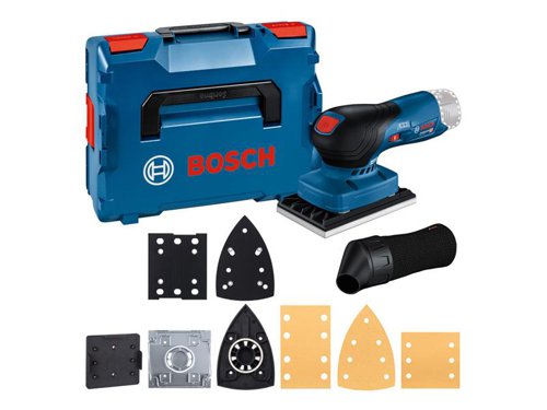 Bosch GSS 12V-13 Professional Orbital Sander for always-on-the-go professionals. Maximum control thanks to excellent tool balance and superior ergonomics (palm rest and grip). It has a compact, lean design ideal for all hard-to-reach areas. Easy to handle thanks to its intuitive operating concept and the interchangeable sanding plate system.Ideal for basic and in-between sanding, lacquer removal, and finishing surfaces. It can be used on wood, veneer, lacquer, and filler, as well as mineral and acrylic. Compatible with the Bosch Click & Clean dust extraction system.Comes as a Bare Unit, NO battery or charger,Compatible with all Bosch Professional 12V batteries and chargers (Professional 12V System).Supplied with: 3 x Sanding Sheets C470, Best for Wood + Paint, 120, 1 x Base Plate with Sanding Plate 113 x 101mm, 1 x Delta Base Plate with Sanding Plate 100 x 150mm, 1 x Base Plate with Sanding Plate 80 x 130mm, 1 x Hole Punch, 1 x Dust Bag and 1 x L-BOXX 136.Specifications:Oscillating Speed: 12,000-20,000/min.Oscillating Diameter: 1.6mm.Delta Sanding Plate w/ Hook & Loop (length x width): 150 x 100mm.Sanding Plate w/ Hook & Loop (length x width): 100 x 110mm.Weight: 0.8kg excl. battery.