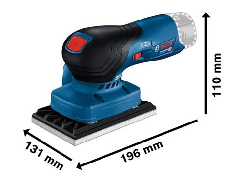 Bosch GSS 12V-13 Professional Orbital Sander for always-on-the-go professionals. Maximum control thanks to excellent tool balance and superior ergonomics (palm rest and grip). It has a compact, lean design ideal for all hard-to-reach areas. Easy to handle thanks to its intuitive operating concept and the interchangeable sanding plate system.Ideal for basic and in-between sanding, lacquer removal, and finishing surfaces. It can be used on wood, veneer, lacquer, and filler, as well as mineral and acrylic. Compatible with the Bosch Click & Clean dust extraction system.Comes as a Bare Unit, NO battery or charger,Compatible with all Bosch Professional 12V batteries and chargers (Professional 12V System).Supplied with: 3 x Sanding Sheets C470, Best for Wood + Paint, 120, 1 x Base Plate with Sanding Plate 113 x 101mm, 1 x Delta Base Plate with Sanding Plate 100 x 150mm, 1 x Base Plate with Sanding Plate 80 x 130mm, 1 x Hole Punch, 1 x Dust Bag and 1 x L-BOXX 136.Specifications:Oscillating Speed: 12,000-20,000/min.Oscillating Diameter: 1.6mm.Delta Sanding Plate w/ Hook & Loop (length x width): 150 x 100mm.Sanding Plate w/ Hook & Loop (length x width): 100 x 110mm.Weight: 0.8kg excl. battery.