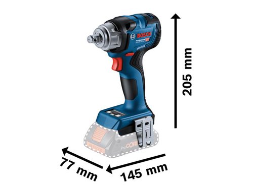 Bosch GDS 18V-330 HC Professional Impact Wrench with a 1/2in square bit holder. Delivers powerful performance whilst preventing damage to materials. Two default modes on the user interface, selftapping screw (A) and wood screw (B), mean more control and less broken or stripped off screwheads, worn-out threads, and damaged workpieces by slowing down or shutting off the impact driver. Each mode is customisable via the Bosch Toolbox App.Three speed/torque settings ensure impressive control and greater flexibility on the job. Comes with a status indicator, LED light, and belt clip for greater convenience. Ideal for metal workshops/locksmiths, industrial assembly, framing, and vehicle maintenance using metal bolts/nuts from M8-M18.Comes as a Bare Unit, NO battery or charger in a cardboard box.Compatible with all Bosch Professional 18V batteries, including ProCORE18V batteries and chargers (Professional 18V System). Also compatible with AMPShare, the multi-brand battery alliance.Specifications:Tool Holder: 1/2in square.No Load Speed: 0-1,200/0-1,900/0-2,800/min.Impact Rate: 0-2,400/0-3,100/0-3,800/bpm.Max. Torque: 200/260/330Nm.Max. Breakaway Torque: 560Nm.Bolt Size: M8 - M18.Weight: 1.2kg excl. battery.