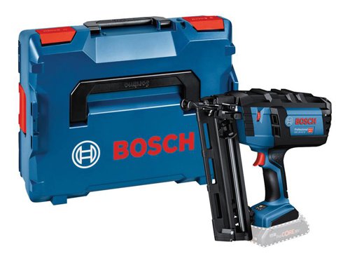 The Bosch GNH 18V-64 M Nail Gun offers quick and precise fastening, with single, and contact firing modes. Its cordless design enables maximum freedom, no air hose, compressor or expensive gas cartridge needed.The workpiece is protected from damage by dry-fire lockout, so it won't fire without nails in the magazine. An intuitive User Interface (HMI) allows for easy activation of firing modes. Ideal for trim work on base boards, window and door casings, chair rails, staircases and mouldings made of softwood (I.e., pine), hardwood (i.e., oak, maple, birch), and composite trim materials.Bare Unit (NO Battery or Charger supplied) in a L-BOXX Carry Case.Specification:Nail Diameter: 1.6mm.Nail Length: 32-64mm.Nail Capacity: 105 Nails.Collation Angle: 20°.Nail Type: Brad Head Nail.Triggering System: Bottom Firing Mode.Vibration emission value ah: 2.5 m/s².Sound pressure level: 84 dB(A).Weight: 2.9kg (without battery).