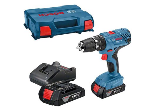 The Bosch GSB 18V-21 Combi Drill has been designed for professional applications. Thanks to full metal gear and electronic cell protection (ECP) it's a reliable, daily-use screwdriver. The motor brake allows for precise work, ideal when driving rows of screws. Other features include a practical belt clip and integrated LED light with an afterglow function for illuminating the work area, even in dark places.Specification:Chuck: 13mmNo Load Speed: 0-480/0-1,800/min.Impact Rate: 0-27,-00/bpmMax. Torque: 55NmTorque Settings: 20 + DrillCapacity: Masonry 10mm, Steel 10mm, Wood 35mmScrew Capacity: Machine Screw 10mmThis Bosch GSB 18V-21 Combi Drill is supplied with:2 x 18V 1.5Ah Li-ion Batteries1 x GAL 18V-20 Charger1 x Carry Case