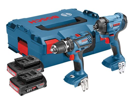 This Bosch Twin Pack contains the following:1 x 18V GSB 18-2-LI Plus Professional Combi offers the best price-performance ratio among professional cordless combis in the 18 Volt Class. Ideal for the toughest screwdriving and drilling applications in wood and metal, and for impact drilling applications in masonry.No Load Speed: 0-500/0-1,900/min.Max. Torque: 63Nm, Settings: 20 + 1.Capacity: Masonry: 13mm, Steel: 13mm, Wood: 38mm.Max. Screw Diameter: 8mm.Weight: 1.2kg.1 x 18V GDR 18-LI Light Series Impact Driver has a short, lightweight design for the best handling, especially when working overhead. Fitted with an ergonomic grip for comfortable handling and an integrated LED light for illuminating the dark work areas. Electronic Cell Protection (ECP), protects the battery against overload, overheating and deep discharge.Bit Holder: 6.35mm (1/4in).No Load Speed: 0-2,600/min.Impact Rate: 0-3,000/bpm.Max. Torque: 130Nm.Capacity: Screw Diameter: M4-12.Also supplied with: 2 x 18V 3.0Ah Li-Ion Batteries, 1 x Charger and 1 x L-Boxx Carry Case.