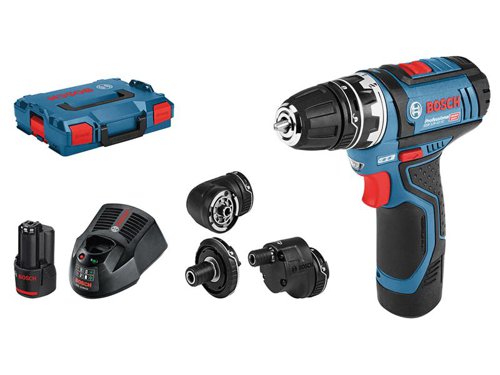 The Bosch GSR 12V-15 Drill Driver has a well-balanced design that is compact, enabling optimum handling. Ideal for working overhead and in tight spaces. Fitted with a professional quality, 10mm Auto-Lock drill chuck for added convience.Its motor brake enables precise work when driving rows of screws. Whilst Electronic Cell Protection prevents overload, overheating, and deep discharge. There is also an LED light for illuminating the work area, even in dark places. Supplied with:1 x GFA 12-W FlexiClick Right Angle Attachment.1 x GFA 12-X FlexiClick Bit Holder Attachment.1 x GFA 12-B FlexiClick Chuck Attachment 10mm.1 x GFA 12-E FC FlexiClick Offset Angle Attachment.1 x GAL 1230 CV Quick Charger.2 x 12V 2.0Ah Li-ion Batteries.1 x L-BOXX Carry Case.Specifications:Chuck: 1-10mm.No Load Speed: 0–400/0–1,300/min.Torque: 15/30Nm, Torque Settings: 20+1.Capacity: Wood: 19mm, Steel: 10mm.Max. Screw Diameter: 7mm.Weight: 1.0kg (inc. battery).