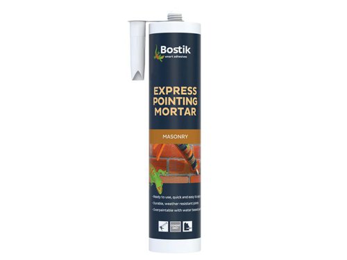 The Bostik Express Pointing Mortar is suitable for masonry joints. It can also be used to seal between stones, brick slips and around lead flashing. No primer is required on most substrates, even on slightly damp surfaces. It can be overpainted where required.Supplied ready to use and is easily applied with a cartridge gun, internally or externally.1 x Bostik Express Pointing Mortar - Grey