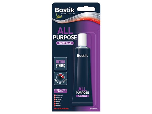 Bostik All Purpose is an ultra strong, quick drying, solvented, clear adhesive. It sticks a range of materials, including ceramics, fabrics, plastics, metal, paper, wood, glass and more! All Purpose is perfect for general household, craft and office use.It comes in a 20ml and a 50ml tube.1 x Bostik All Purpose Adhesive 50ml