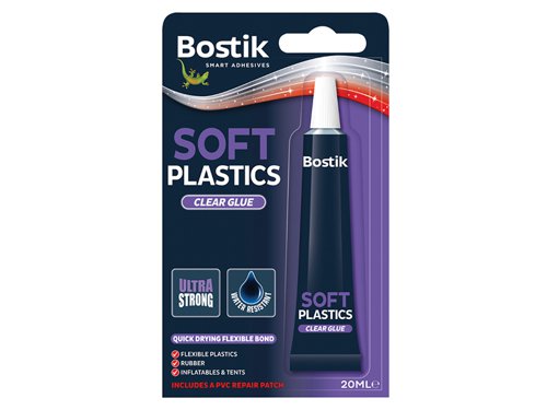 Bostik Soft Plastics glue is an ultra strong, quick drying, water resistant clear adhesive, perfect for making flexible repairs to things like inflatables and tents.It also contains a PVC repair patch.