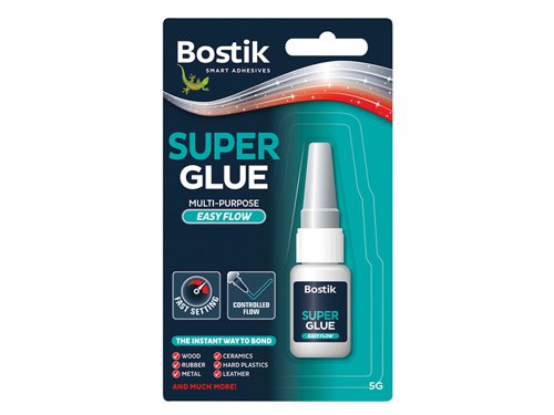 Bostik Superglue Easy Flow liquid forms a strong, long lasting bond with most materials including wood, ceramics, hard plastics, rubber, metals and leather in seconds. Superglue Easy Flow comes in a bottle with a precision nozzle for controlled application.