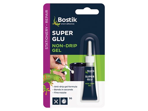 Bostik Superglue Non-Drip Gel forms a strong, long lasting bond with most materials including wood, ceramics, hard plastics, rubber, metals and leather in seconds. Its non-drip formula makes it ideal for porous and vertical surfaces. With a precision nozzle for ease of application.