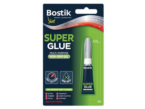 Bostik Superglue Non-Drip Gel forms a strong, long lasting bond with most materials including wood, ceramics, hard plastics, rubber, metals and leather in seconds. Its non-drip formula makes it ideal for porous and vertical surfaces. With a precision nozzle for ease of application.