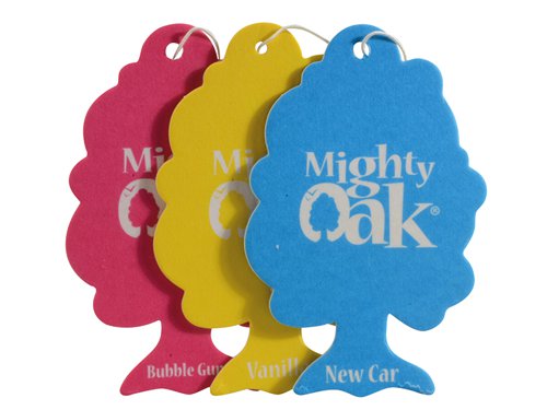 CarPlan Mighty Oak is a carded air freshener, providing a fragrance that lasts for weeks.Available in singles or a mixed fragrance pack of 3.Singles: Cherry, New Car or Vanilla fragrancesTriple Pack: Vanilla, Ice Cool and New Car fragrancesThis triple pack contains three different fragrances:Vanilla - A tropical burst that entwines classic vanilla scent with the fruits of pineapple with mango and zesty orange juice.Ice Cool - A fresh fragrance with herbal notes of pine and eucalyptus on a base of precious musks.New Car - One of the most popular fragrances. A heavy wood scent with a leathery accord, reminiscent of the smell of new cars.