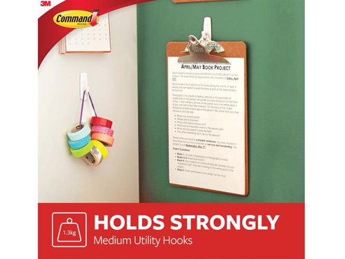 Command™ Medium Utility Hooks are ideal for hanging coats, dog leads, hand towels and many other household items.* Damage-free hanging, holds strongly and removes cleanly* Easy to apply, no need for nails, screws or drills* Strips stretch off cleanly without leaving holes, marks or sticky residue* Suitable for most smooth surfaces including painted walls, tiles, metal and woodHolding Power: 1.3kgPack Contents: 6 hooks and 12 medium strips