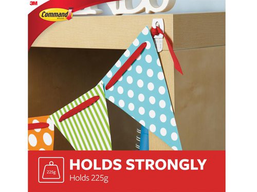 Command™ White Mini Hooks are ideal for hanging keys, jewellery, party decorations and other household items.* Damage-free hanging, holds strongly and removes cleanly* Easy to apply, no need for nails, screws or drills* Strips stretch off cleanly without leaving holes, marks or sticky residue* Suitable for most smooth surfaces including painted walls, tiles, metal and woodHolding Power: 225gContains:6 x White Mini Hooks (hold up to 225g per hook)8 x Adhesive Refill Strips