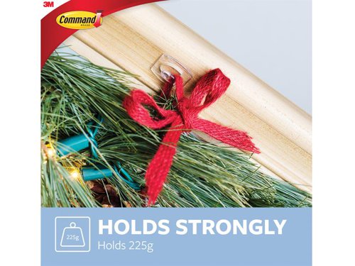 Use Command™ Clear Mini Hooks for hanging decorations, calendars and other lightweight objects securely and damage-free.* Damage-free hanging, holds strongly and removes cleanly* Easy to apply, no need for nails, screws or drills* Strips stretch off cleanly without leaving holes, marks or sticky residue* Discreet clear hooks and strips blend in seamlessly with décor* Suitable for most smooth surfaces including painted walls, tiles, metal and woodHolding Power: 225gThis Value Pack contains:18 x Clear Mini Hooks (hold up to 225g per hook)24 x Clear Adhesive Refill Strips
