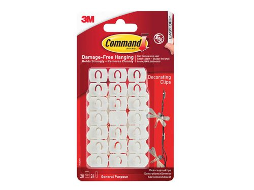 Command™ White Decorating Clips are ideal for hanging string lights and other small wires and decorations.* Damage-free hanging, holds strongly and removes cleanly* Easy to apply, no need for nails, screws or drills* Strips stretch off cleanly without leaving holes, marks or sticky residue* Suitable for most smooth surfaces including painted walls, tiles, metal and woodHolding Power: Use 1 clip for every 30-60 cm of lightsThis pack of Command™ White Decorating Clips contains:20 x White Decorating Clips24 x Refill Strips