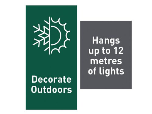Use Command™ Outdoor Decorating Clips to hang lights and small decorations outside without causing damage to surfaces.* UV and water-resistant strips are effective between temperatures -6°C and 52°C, in wet and dry conditions* Suitable for most outdoor smooth surfaces including glass, painted or varnished wood, UPVC and plastic* Ideal for doors, windows and guttersHolding Power: Use 1 clip for every 30-60 cm of lightsPack Contents: 20 hooks and 24 mini outdoor strips