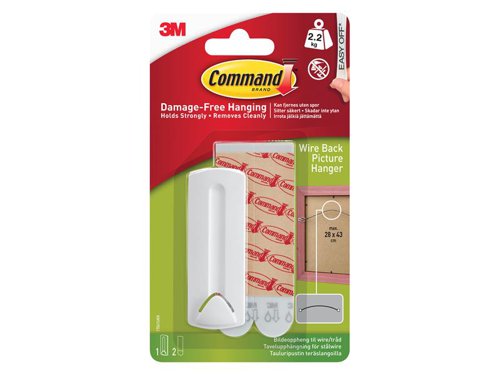 The Command™ Wire-Backed Picture Hanger is ideal for use instead of a nail or hook. Command™ hangers hold strongly to a variety of surfaces including solid, hollow and painted walls.* Damage-free hanging, holds strongly and removes cleanly* Easy to apply, no need for nails, screws or drills* Strips stretch off cleanly without leaving holes, marks or sticky residue* Suitable for most smooth surfaces including painted walls, tiles, metal and woodHolding Power: 2.2kgPack Contents: 1 hanger and 2 large strips