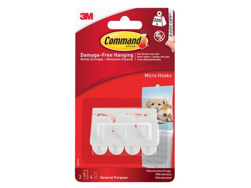 Command™ Micro Hooks are ideal for calendars and lightweight keys.* Damage-free hanging, holds strongly and removes cleanly* Easy to apply, no need for nails, screws or drills* Strips stretch off cleanly without leaving holes, marks or sticky residue* Suitable for most smooth surfaces including painted walls, tiles, metal and woodHolding Power: 225gPack Contents: 3 hooks and 4 small strips