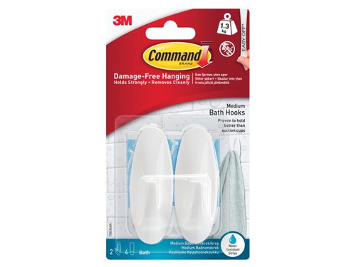 Use Command™ Medium Bathroom Hooks to hang towels, robes and other bathroom items in wet and humid environments.* Damage-free hanging, holds strongly and removes cleanly* Easy to apply, no need for nails, screws or drills* Strips stretch off cleanly without leaving holes, marks or sticky residue* Suitable for most smooth surfaces including painted walls, tiles and glass* Water-resistant strips are effective in wet, humid and dry conditions* Ideal for use on tiles to avoid drilling and tile damageHolding Power: 1.3kgSize: MediumPack Contents: 2 hooks and 4 medium strips