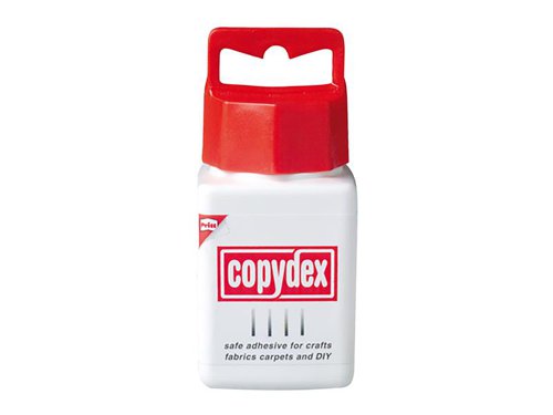 Copydex Adhesive is a strong, versatile, natural rubber latex-based adhesive for hobbies, craftwork and DIY repairs. Solvent and acid-free. Perfect for paper, card, wood, plastics, metal, cork, fabric, carpets, leather, canvas and many other materials. Ideal for repairing clothing and upholstery, sticking down carpets, making mobiles and collages, etc.- On paper, card and wood:  Apply to one surface only, press together firmly. - On non-porous surfaces (such as plastics, metal, cork), fabrics and carpets: apply sparingly and evenly to each surface to be bonded. - Allow adhesive to dry until it becomes touch dry (15-20 minutes). Then bring together firmly.1 x Copydex Adhesive Bottle 125ml.