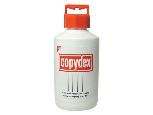 Copydex Adhesive is a strong, versatile, natural rubber latex-based adhesive for hobbies, craftwork and DIY repairs. Solvent and acid-free. Perfect for paper, card, wood, plastics, metal, cork, fabric, carpets, leather, canvas and many other materials. Ideal for repairing clothing and upholstery, sticking down carpets, making mobiles and collages, etc.- On paper, card and wood:  Apply to one surface only, press together firmly. - On non-porous surfaces (such as plastics, metal, cork), fabrics and carpets: apply sparingly and evenly to each surface to be bonded. - Allow adhesive to dry until it becomes touch dry (15-20 minutes). Then bring together firmly.1 x Copydex Adhesive Bottle 500ml.