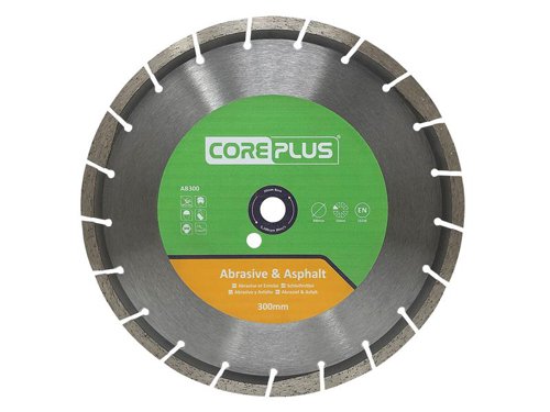 The CorePlus Abrasive & Asphalt Diamond Blade features angled gullets and drop segments for quick removal of abrasive waste material. It has a precision-engineered, high-grade steel tensioned core for a blade that spins true. With a high concentration of premium grade diamond per segment and a ultra-hard bond specifically formulated for asphalt and abrasive materials.Manufactured to EN 13236 quality standard.The CorePlus AB300 Abrasive & Asphalt Diamond Blade has the following specification:Diameter: 300mmBore: 20mmSegment Height: 10mmSegment Width: 2.8mm