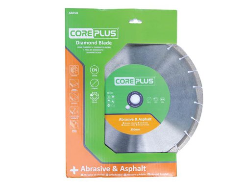 The CorePlus Abrasive & Asphalt Diamond Blade features angled gullets and drop segments for quick removal of abrasive waste material. It has a precision-engineered, high-grade steel tensioned core for a blade that spins true. With a high concentration of premium grade diamond per segment and a ultra-hard bond specifically formulated for asphalt and abrasive materials.Manufactured to EN 13236 quality standard.The CorePlus AB350 Abrasive & Asphalt Diamond Blade has the following specification:Diameter: 350mmBore: 25.4mmSegment Height: 10mmSegment Width: 3.0mm