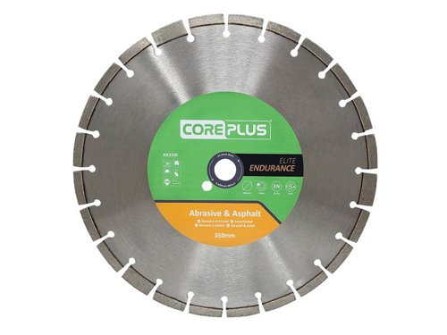 The CorePlus Elite Abrasive & Asphalt Diamond Blade has been Elite Endurance engineered to cut material with extremely abrasive properties, resulting in exceptional blade life. A precision-engineered, hardened, high-grade 65Mn manganese steel tensioned core ensures the blade runs true.Double laser welding technology reduces the risk of damaged segments, combined with the maximum concentration of ultra-grade diamond that has been meshed within the bond. It also features a state-of-the-art, metallurgically engineered, high-performance and long-life bond formulation that ensures maximum durability and lifetime.Manufactured to EN 13236 quality standard. oSa® certified to the highest level of quality and tested safety.The CorePlus AB350E Elite Abrasive & Asphalt Diamond Blade has the following specification:Diameter: 350mmBore: 25.4mmSegment Height: 10mmSegment Width: 3.0mm