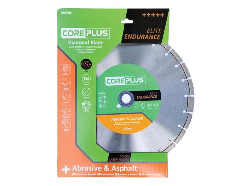 The CorePlus Elite Abrasive & Asphalt Diamond Blade has been Elite Endurance engineered to cut material with extremely abrasive properties, resulting in exceptional blade life. A precision-engineered, hardened, high-grade 65Mn manganese steel tensioned core ensures the blade runs true.Double laser welding technology reduces the risk of damaged segments, combined with the maximum concentration of ultra-grade diamond that has been meshed within the bond. It also features a state-of-the-art, metallurgically engineered, high-performance and long-life bond formulation that ensures maximum durability and lifetime.Manufactured to EN 13236 quality standard. oSa® certified to the highest level of quality and tested safety.The CorePlus AB350E Elite Abrasive & Asphalt Diamond Blade has the following specification:Diameter: 350mmBore: 25.4mmSegment Height: 10mmSegment Width: 3.0mm