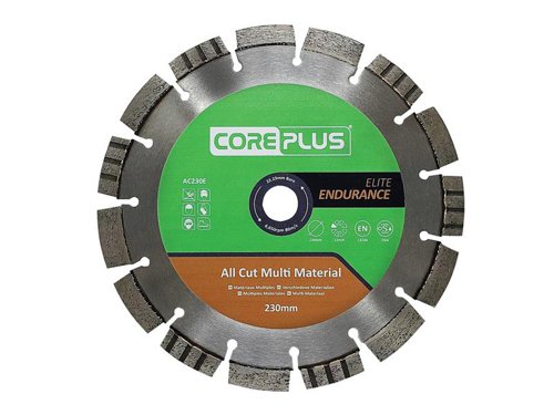 The CorePlus Elite All Cut Multi-Material Diamond Blade delivers Elite Endurance and Elite Performance in a diverse range of applications. Easily rises to the challenge and wins in all situations.A precision-engineered, hardened, high-grade 65Mn manganese steel tensioned core ensures the blade runs true, whilst double laser welding technology reduces the risk of damaged segments. The alternating segment structure creates an efficient waste material release for a smooth cut with blistering speed and a fluid feel. The segments have the maximum concentration of ultra-grade nano and micro cube-octahedron diamond crystals meshed within the metal matrix bond. It also features a state-of-the-art, metallurgically engineered, high-performance and long-life bond formulation that ensures maximum durability and lifetime.Manufactured to EN 13236 quality standard. oSa® certified to the highest level of quality and tested safety.The CorePlus AC230E Elite All Cut Multi-Material Diamond Blade has the following specification:Diameter: 230mmBore: 22.23mmSegment Height: 12mmSegment Width: 2.6mm