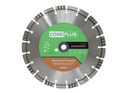 The CorePlus Elite All Cut Multi-Material Diamond Blade delivers Elite Endurance and Elite Performance in a diverse range of applications. Easily rises to the challenge and wins in all situations.A precision-engineered, hardened, high-grade 65Mn manganese steel tensioned core ensures the blade runs true, whilst double laser welding technology reduces the risk of damaged segments. The alternating segment structure creates an efficient waste material release for a smooth cut with blistering speed and a fluid feel. The segments have the maximum concentration of ultra-grade nano and micro cube-octahedron diamond crystals meshed within the metal matrix bond. It also features a state-of-the-art, metallurgically engineered, high-performance and long-life bond formulation that ensures maximum durability and lifetime.Manufactured to EN 13236 quality standard. oSa® certified to the highest level of quality and tested safety.The CorePlus AC300E Elite All Cut Multi-Material Diamond Blade has the following specification:Diameter: 300mmBore: 20mmSegment Height: 12mmSegment Width: 2.8mm