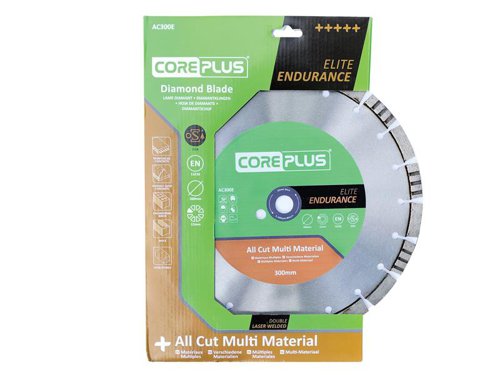 The CorePlus Elite All Cut Multi-Material Diamond Blade delivers Elite Endurance and Elite Performance in a diverse range of applications. Easily rises to the challenge and wins in all situations.A precision-engineered, hardened, high-grade 65Mn manganese steel tensioned core ensures the blade runs true, whilst double laser welding technology reduces the risk of damaged segments. The alternating segment structure creates an efficient waste material release for a smooth cut with blistering speed and a fluid feel. The segments have the maximum concentration of ultra-grade nano and micro cube-octahedron diamond crystals meshed within the metal matrix bond. It also features a state-of-the-art, metallurgically engineered, high-performance and long-life bond formulation that ensures maximum durability and lifetime.Manufactured to EN 13236 quality standard. oSa® certified to the highest level of quality and tested safety.The CorePlus AC300E Elite All Cut Multi-Material Diamond Blade has the following specification:Diameter: 300mmBore: 20mmSegment Height: 12mmSegment Width: 2.8mm