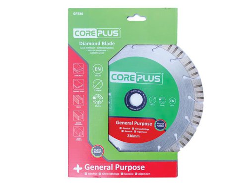 The CorePlus General-Purpose Diamond Blade utilises hybrid turbo technology (HTT), interspersed turbo segments provide the optimum balance between long life and fluid speed.It has a precision-engineered, high-grade steel tensioned core for a blade that spins true. A high concentration of premium-grade diamond per segment and a bonded cutting edge help to prevent the diamond from getting glazed over in use.Manufactured to EN 13236 quality standard.The CorePlus GP230 General-Purpose Hybrid Turbo Diamond Blade has the following specification:Diameter: 230mmBore: 22.23mmSegment Height: 15mmSegment Width: 2.8mm