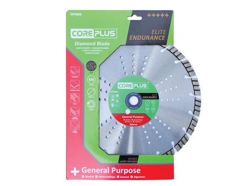The CorePlus Elite General-Purpose Diamond Blade features an Elite Endurance diamond metal matrix that extends the lifetime of the blade way beyond expectation.A precision-engineered, hardened, high-grade 65Mn manganese steel tensioned core ensures the blade runs true. Double laser welding technology reduces the risk of damaged segments, combined with the maximum concentration of ultra-grade diamond that has been meshed within the bond. It also features a state-of-the-art, metallurgically engineered, high-performance and long-life bond formulation that ensures maximum durability and lifetime.Manufactured to EN 13236 quality standard. oSa® certified to the highest level of quality and tested safety.The CorePlus GP300E Elite General-Purpose Diamond Blade has the following specification:Diameter: 300mmBore: 20mmSegment Height: 12mmSegment Width: 2.8mm