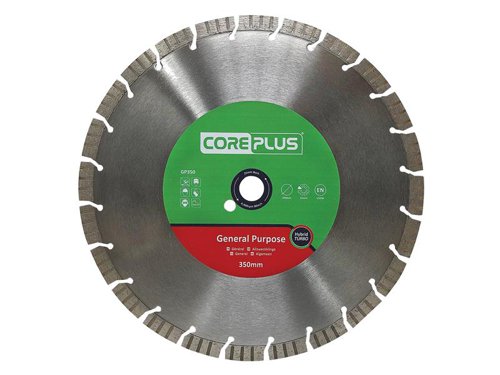 The CorePlus General-Purpose Diamond Blade utilises hybrid turbo technology (HTT), interspersed turbo segments provide the optimum balance between long life and fluid speed.It has a precision-engineered, high-grade steel tensioned core for a blade that spins true. A high concentration of premium-grade diamond per segment and a bonded cutting edge help to prevent the diamond from getting glazed over in use.Manufactured to EN 13236 quality standard.The CorePlus GP350 General-Purpose Hybrid Turbo Diamond Blade has the following specification:Diameter: 350mmBore: 25.4mmSegment Height: 15mmSegment Width: 3.5mm