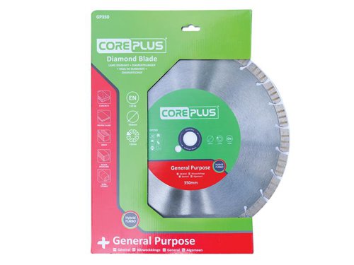 The CorePlus General-Purpose Diamond Blade utilises hybrid turbo technology (HTT), interspersed turbo segments provide the optimum balance between long life and fluid speed.It has a precision-engineered, high-grade steel tensioned core for a blade that spins true. A high concentration of premium-grade diamond per segment and a bonded cutting edge help to prevent the diamond from getting glazed over in use.Manufactured to EN 13236 quality standard.The CorePlus GP350 General-Purpose Hybrid Turbo Diamond Blade has the following specification:Diameter: 350mmBore: 25.4mmSegment Height: 15mmSegment Width: 3.5mm