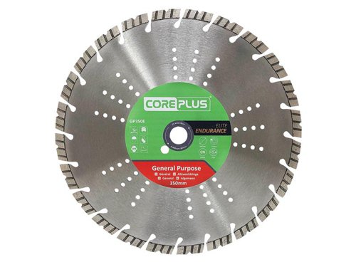 The CorePlus Elite General-Purpose Diamond Blade features an Elite Endurance diamond metal matrix that extends the lifetime of the blade way beyond expectation.A precision-engineered, hardened, high-grade 65Mn manganese steel tensioned core ensures the blade runs true. Double laser welding technology reduces the risk of damaged segments, combined with the maximum concentration of ultra-grade diamond that has been meshed within the bond. It also features a state-of-the-art, metallurgically engineered, high-performance and long-life bond formulation that ensures maximum durability and lifetime.Manufactured to EN 13236 quality standard. oSa® certified to the highest level of quality and tested safety.The CorePlus GP350E Elite General-Purpose Diamond Blade has the following specification:Diameter: 350mmBore: 25.4mmSegment Height: 12mmSegment Width: 3.0mm