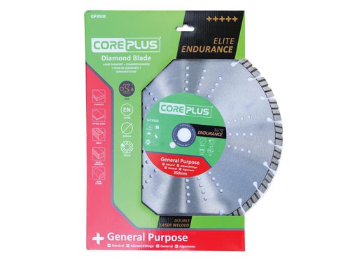The CorePlus Elite General-Purpose Diamond Blade features an Elite Endurance diamond metal matrix that extends the lifetime of the blade way beyond expectation.A precision-engineered, hardened, high-grade 65Mn manganese steel tensioned core ensures the blade runs true. Double laser welding technology reduces the risk of damaged segments, combined with the maximum concentration of ultra-grade diamond that has been meshed within the bond. It also features a state-of-the-art, metallurgically engineered, high-performance and long-life bond formulation that ensures maximum durability and lifetime.Manufactured to EN 13236 quality standard. oSa® certified to the highest level of quality and tested safety.The CorePlus GP350E Elite General-Purpose Diamond Blade has the following specification:Diameter: 350mmBore: 25.4mmSegment Height: 12mmSegment Width: 3.0mm