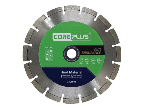 The CorePlus Elite Hard Material Diamond Blade features a hard-material specific, Elite Endurance diamond metal matrix that extends the lifetime of the blade way beyond expectation.A precision-engineered, hardened, high-grade 65Mn manganese steel tensioned core ensures the blade runs true. Double laser welding technology reduces the risk of damaged segments, combined with the maximum concentration of ultra-grade diamond that has been meshed within the bond. It also features a state-of-the-art, metallurgically engineered, high-performance and long-life bond formulation that ensures maximum durability and lifetime.Manufactured to EN 13236 quality standard. oSa® certified to the highest level of quality and tested safety.The CorePlus HM230E Elite Hard Material Diamond Blade has the following specification:Diameter: 230mmBore: 22.23mmSegment Height: 10mmSegment Width: 2.6mm