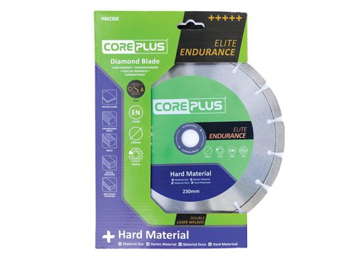 The CorePlus Elite Hard Material Diamond Blade features a hard-material specific, Elite Endurance diamond metal matrix that extends the lifetime of the blade way beyond expectation.A precision-engineered, hardened, high-grade 65Mn manganese steel tensioned core ensures the blade runs true. Double laser welding technology reduces the risk of damaged segments, combined with the maximum concentration of ultra-grade diamond that has been meshed within the bond. It also features a state-of-the-art, metallurgically engineered, high-performance and long-life bond formulation that ensures maximum durability and lifetime.Manufactured to EN 13236 quality standard. oSa® certified to the highest level of quality and tested safety.The CorePlus HM230E Elite Hard Material Diamond Blade has the following specification:Diameter: 230mmBore: 22.23mmSegment Height: 10mmSegment Width: 2.6mm