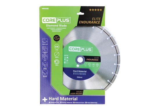 The CorePlus Elite Hard Material Diamond Blade features a hard-material specific, Elite Endurance diamond metal matrix that extends the lifetime of the blade way beyond expectation.A precision-engineered, hardened, high-grade 65Mn manganese steel tensioned core ensures the blade runs true. Double laser welding technology reduces the risk of damaged segments, combined with the maximum concentration of ultra-grade diamond that has been meshed within the bond. It also features a state-of-the-art, metallurgically engineered, high-performance and long-life bond formulation that ensures maximum durability and lifetime.Manufactured to EN 13236 quality standard. oSa® certified to the highest level of quality and tested safety.The CorePlus HM350E Elite Hard Material Diamond Blade 350mmDiameter: 350mmBore: 25.4mmSegment Height: 10mmSegment Width: 3.0mm