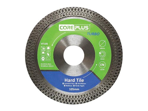 The CorePlus Hard Tile Turbo Diamond Blade has an ultra-thin, continuous PleXXus Turbo rim segment for precision chip-free porcelain tile cutting.A precision-engineered, high-grade steel reinforced core centre prevents de-tensioning. There is a high concentration of premium-grade diamond within the bond. The bonded cutting edge also helps to prevent the diamond from getting glazed over in use.Manufactured to EN 13236 quality standard.The CorePlus HT105 Hard Tile Turbo Diamond Blade has the following specification:Diameter: 105mmBore: 22.23mmSegment Height: 10mmSegment Width: 1.2mm