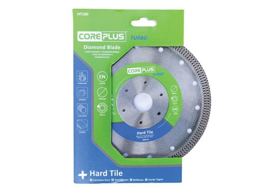 The CorePlus Hard Tile Turbo Diamond Blade has an ultra-thin, continuous PleXXus Turbo rim segment for precision chip-free porcelain tile cutting.A precision-engineered, high-grade steel reinforced core centre prevents de-tensioning. There is a high concentration of premium-grade diamond within the bond. The bonded cutting edge also helps to prevent the diamond from getting glazed over in use.Manufactured to EN 13236 quality standard.The CorePlus HT180 Hard Tile Turbo Diamond Blade has the following specification:Diameter: 180mmBore: 25.4mmSegment Height: 10mmSegment Width: 1.4mm